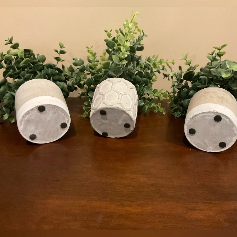 Three Decorative Faux Green Plants in Cement-Look Pots  🪴